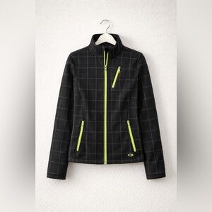 CB Sport Women’s Softshell Jacket Medium Black Plaid Windproof Zip Neon Trim